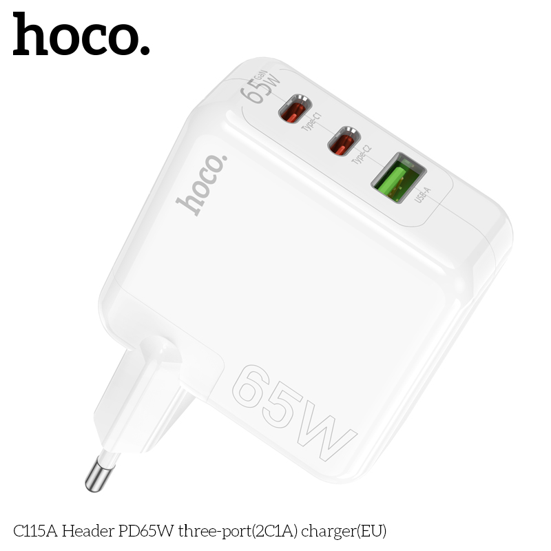 Bộ sạc nhanh 65w HOCO C115A (C-C) (cóc 2C1A - 3 cổng) (cóc 2 cổng type-c PD vs 1 cổng usb QC3.0) (cáp 2 đầu type-c ra type c) đa năng chính hãng [BH 1 năm]