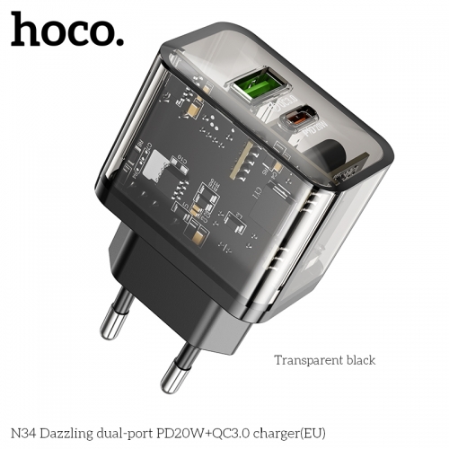 Cóc sạc nhanh 20W 2 cổng Hoco N34 trong suốt chính hãng {1 cổng Usb + 1 cổng type c} [BH: 1 NĂM]