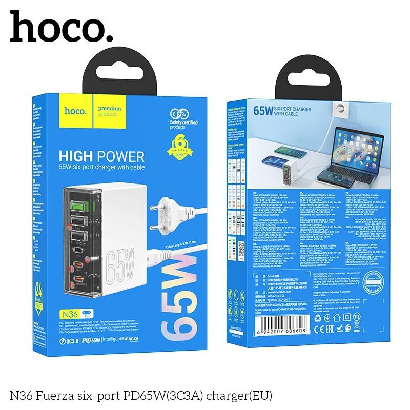 Cóc sạc nhanh 65w HOCO N36 chính hãng (3 cổng type-c PD vs 3 cổng usb QC3.0) [BH 1 năm]