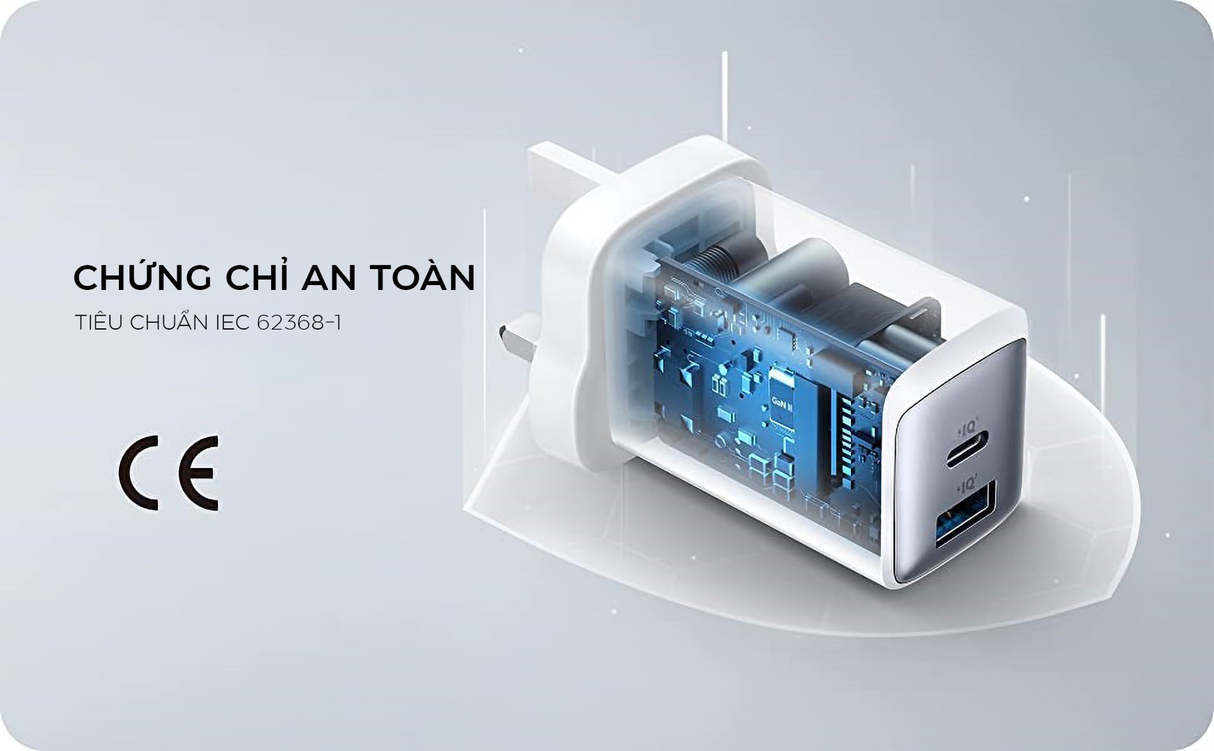 Cóc sạc nhanh 65w Anker A2325 (1 cổng type-c vs 1 cổng usb) chính hãng (trắng) [BH 1 năm]