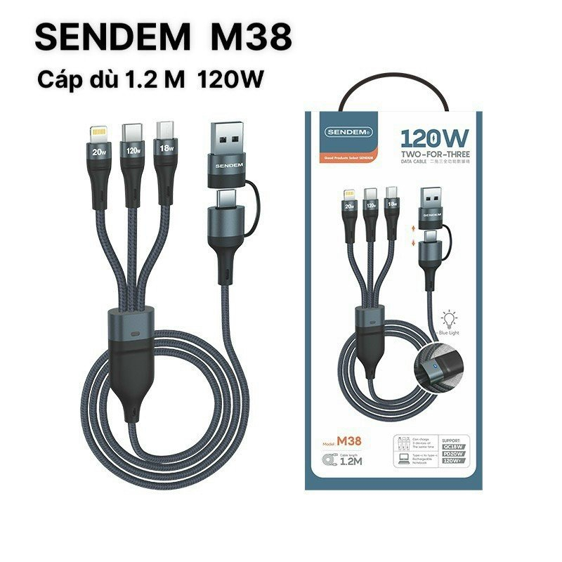 Cáp sạc nhanh 120w 3 đầu đa năng SENDEM M38 (U+C-C+L+M) 1.2M (1,2 mét) (usb / type-c ra typec, lightning iphone vs micro) chính hãng [BH 6 tháng]