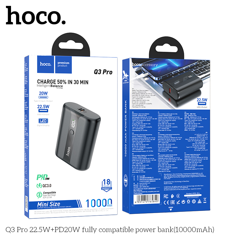 Pin sạc nhanh 20W Hoco Q3 PRO 10.000mAh mini sạc dự phòng PD20w + QC3.0 chính hãng [BH 1 năm]