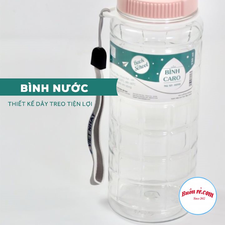 Bình nước học sinh kẻ ca rô  750ml thể thao đi học cho bé