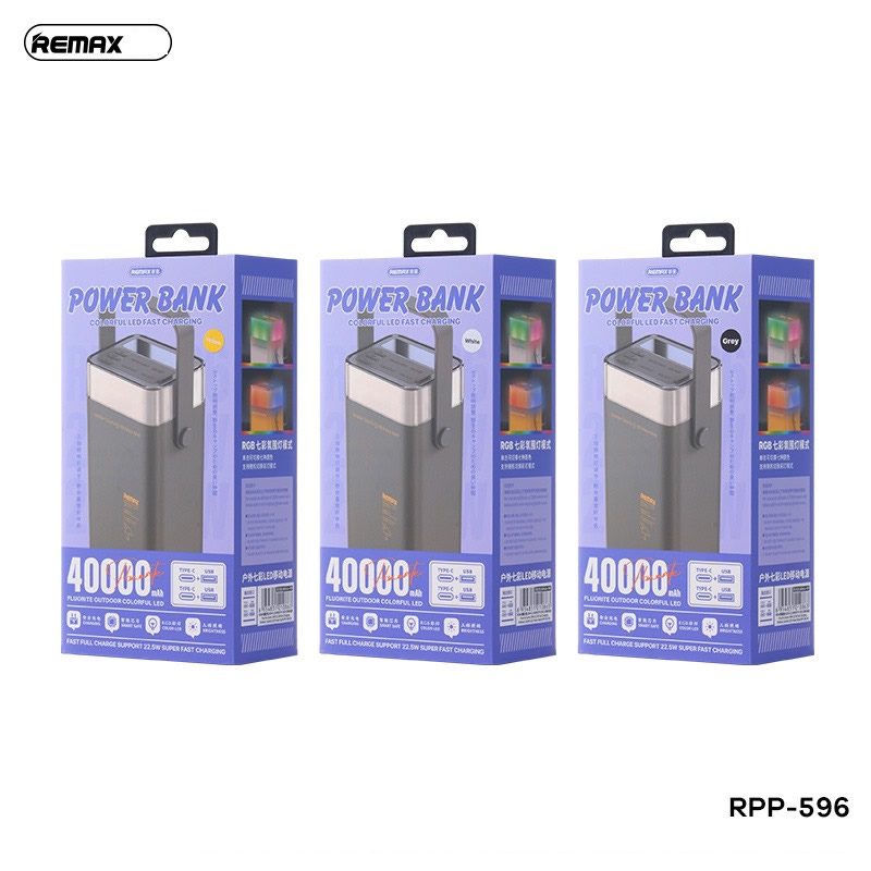 Pin sạc nhanh 22.5w Remax RPP-596 40.000mAh có đèn nhiều màu sắc dự phòng QC3.0+ PD chính hãng [BH: 1 năm]