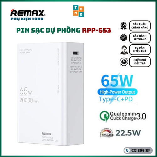 Pin sạc nhanh 65w laptop REMAX RPP-653 20.000mAh dự phòng PD 22.5w QC3.0 (sạc được laptop) chính hãng [BH: 1 năm]