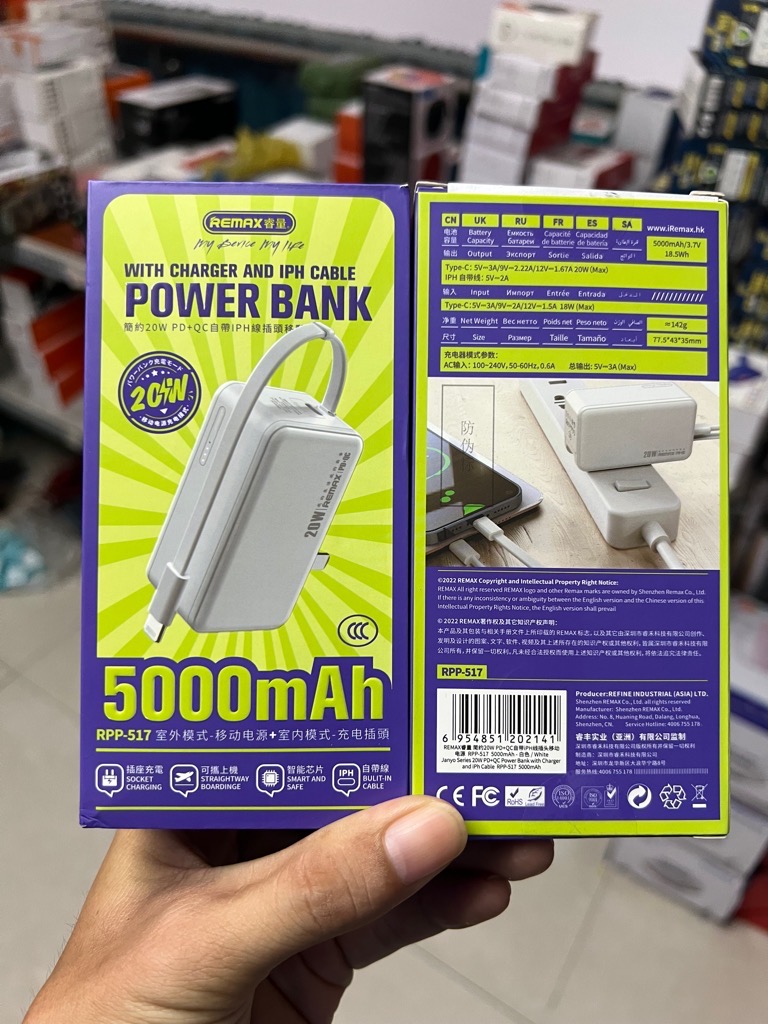 Pin sạc nhanh 20w REMAX RPP-517 dự phòng 5.000mAh QC3.0+PD 22.5w KIÊM Cóc sạc nhanh 20w chính hãng (kèm cáp iphone lightning vs chui ghim ổ điện vừa sạc đt vừa sạc cục pin) [BH: 1 năm]