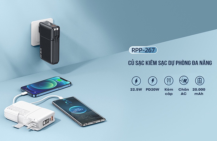 Pin sạc nhanh 22.5w REMAX RPP-267 20.000mAh dự phòng PD+QC3.0 kèm cáp liền pin kiêm củ ghim sạc ổ điện chính hãng [BH 1 năm]