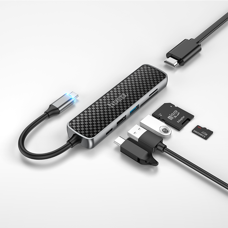 Bộ chuyển HOCO HB24 chuyển Type C sang USB2.0+USB3.0+HDMI+PD+SD+TF chính hãng [bh 1 năm]