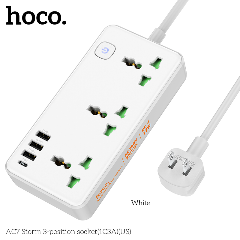 Ổ cắm điện thông minh Hoco AC7 1 USB TypeC, 3 USB-A max 3.4A 17W, 3 Socket, công suất 2500W chính hãng [BH 1 năm]