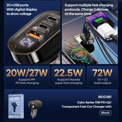 Cóc Sạc Nhanh Xe Hơi 72w REMAX RCC-351 có 1 Cổng Usb QC3.0 vs 2 cổng Typec PD vỏ trong suốt lộ mạch Chính Hãng [BH 1 năm]