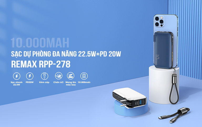 Pin sạc nhanh 22.5w Remax RPP-278 10.000mAh PD QC3.0 (kèm cáp Type C - Type C) sạc dự phòng chính hãng kèm chui ghim sạc ổ điện liền pin [BH 1 năm]