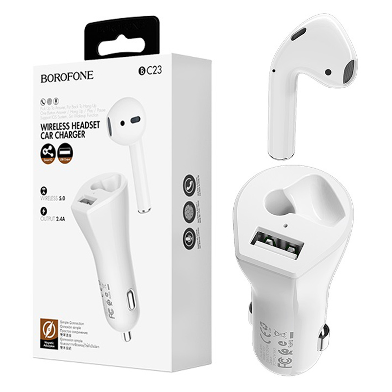 Cóc sạc xe hơi kiêm Tai nghe bluetooth BOROFONE BC23 Touareg có dock sạc ô tô 1 cổng usb sạc nhanh 2.4A [BH 6 tháng]