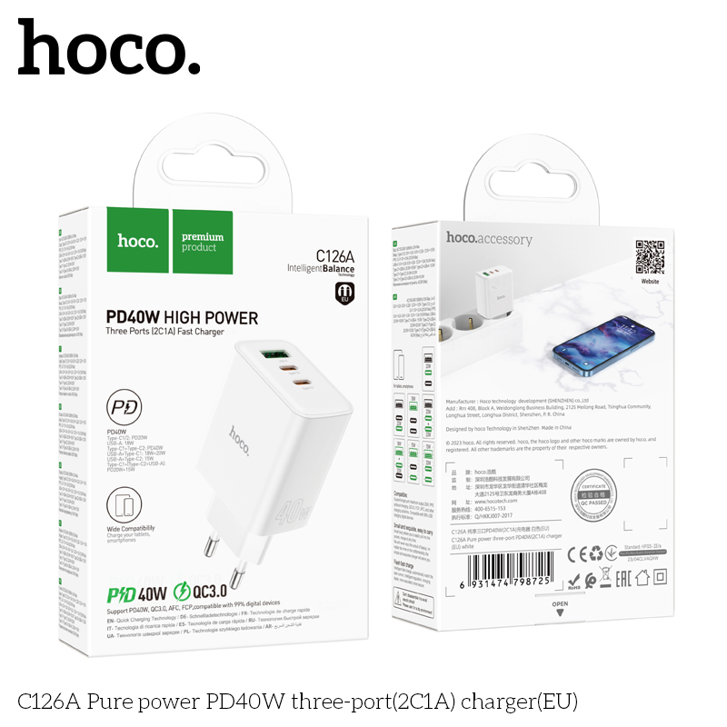 Cóc sạc nhanh 40w HOCO C126A (cóc 1 cổng usb QC3.0 vs 2 cổng type-c PD) 3 cổng 2C1A đa năng chính hãng BH: 1 NĂM]