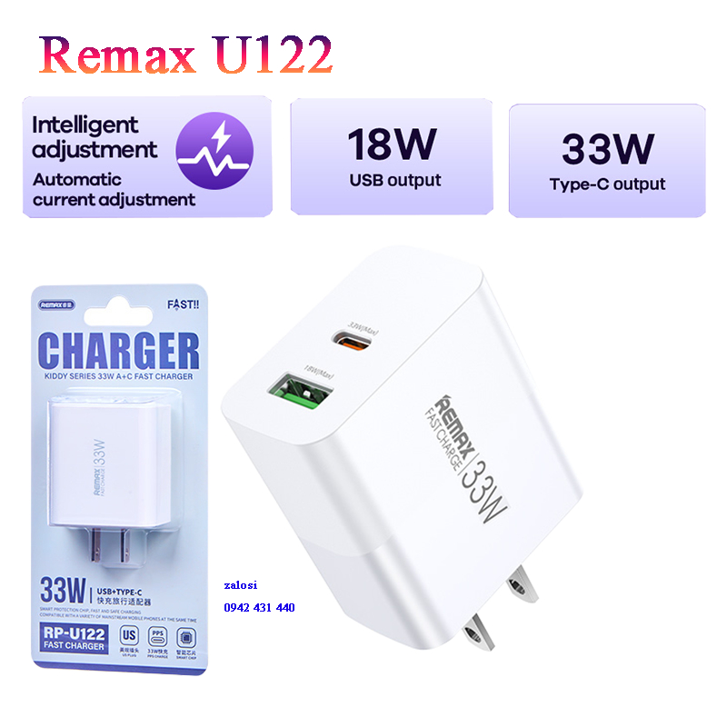 Cóc sạc nhanh 33w 2 cổng Remax RP-U122 US chân dẹp (1 cổng usb vs 1 cổng type-c) chính hãng [BH 1 năm]