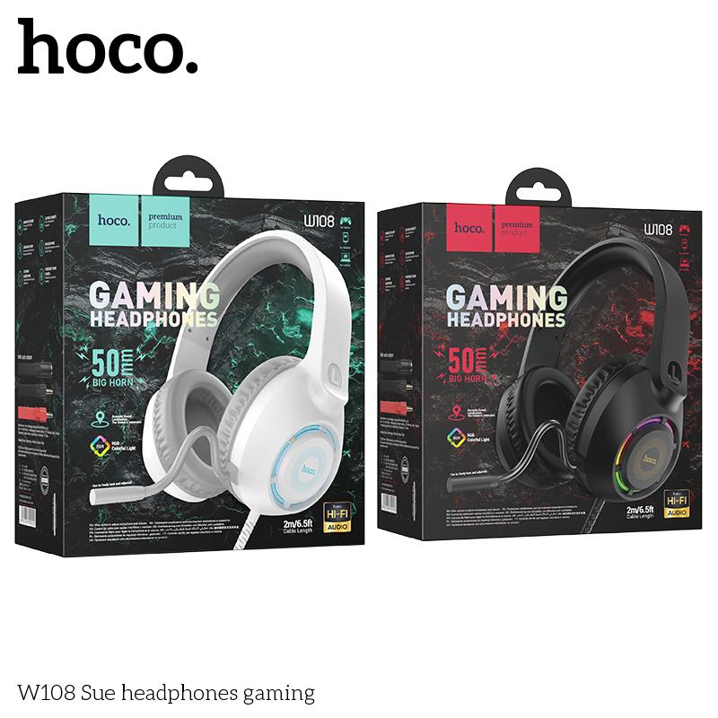 TAI NGHE CÓ DÂY 3.5 GAMING HOCO W108 KÈM MIC (1 JACK 3.5 1 JACK USB) HEADPHONE CHỤP TAI CÓ LED SIÊU ĐẸP SIÊU HAY [BH 1 NĂM]