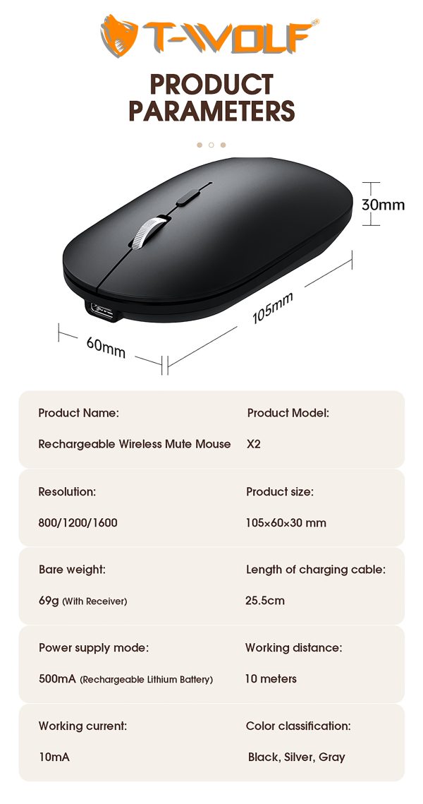 Chuột không dây T - Wolf X2 Bluetooth 5.0 + Wireless 2.4GHz charging (BẠC, ĐEN, XÁM) [BH 1 năm]