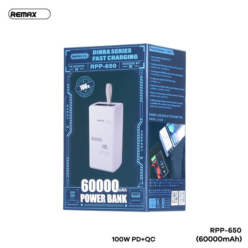 Pin sạc nhanh 100w REMAX RPP-650 60.000mAh dự phòng QC3.0+PD, sạc được Laptop chính hãng [BH: 1 NĂM]