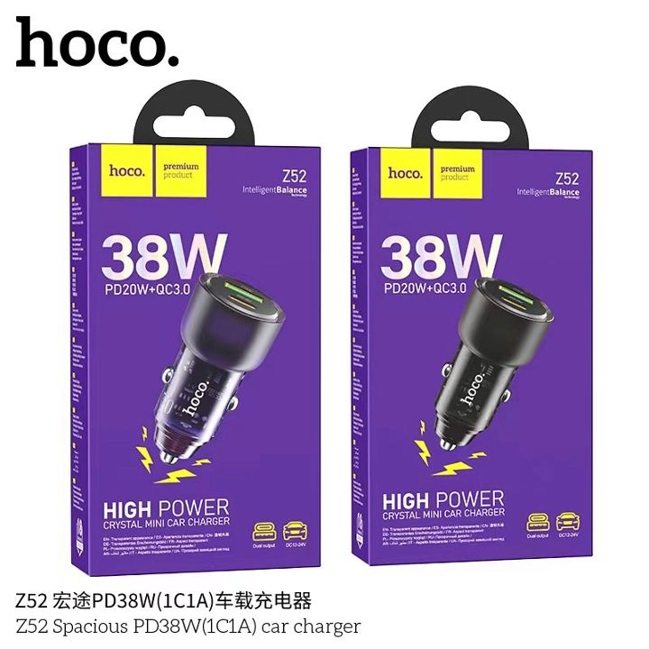 CÓC SẠC NHANH 38W XE HƠI HOCO Z52 1 CỔNG USB 1 CỔNG TYPE C TRONG SUỐT CHÍNH HÃNG [BH 1 NĂM]