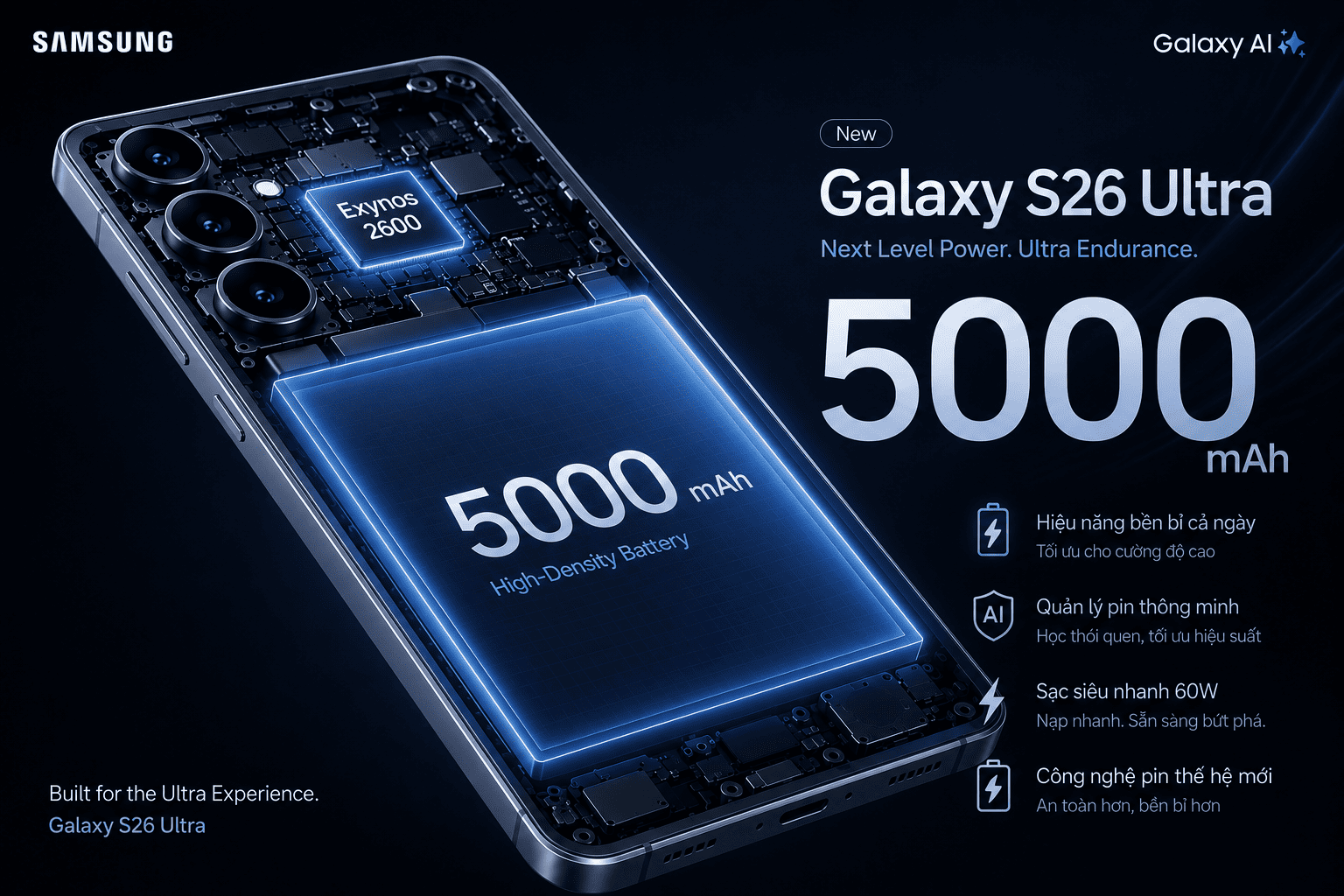 Galaxy S26 Ultra — Pin 5.000mAh, sạc 60W