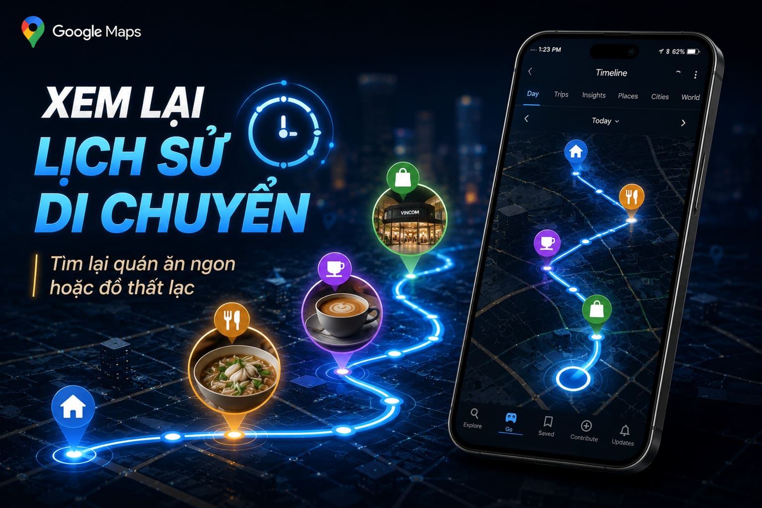 Xem lại Lịch sử di chuyển (Google Maps Timeline) – Tìm lại quán ăn ngon hoặc đồ thất lạc