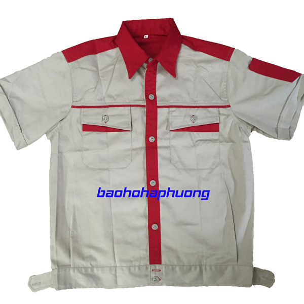 quần áo bảo hộ kaki Hàn Quốc cộc tay ghi phối đỏ 1