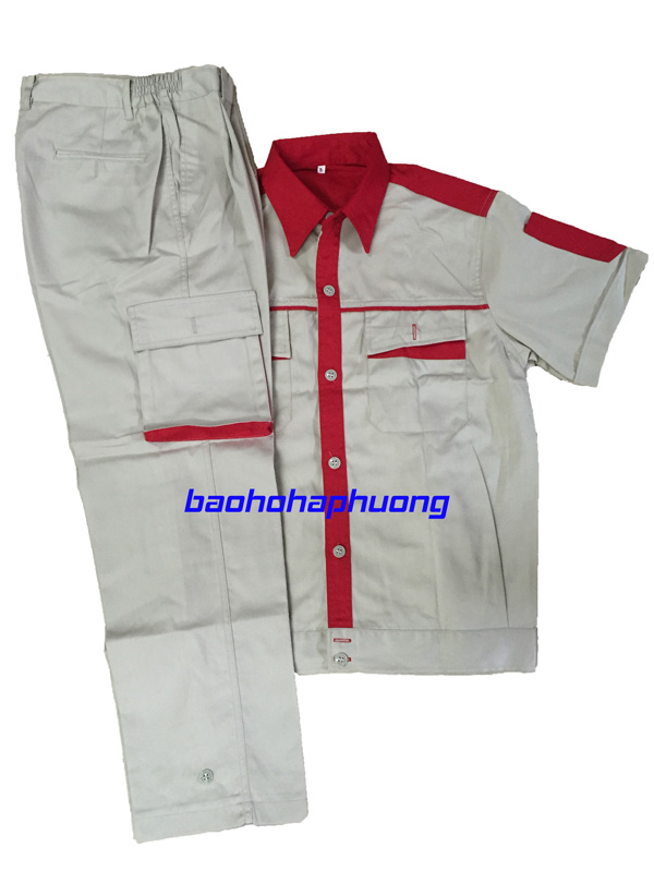 quần áo bảo hộ kaki Hàn Quốc cộc tay ghi phối đỏ