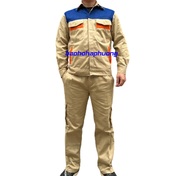 quần áo bảo hộ màu be vàng phối xanh