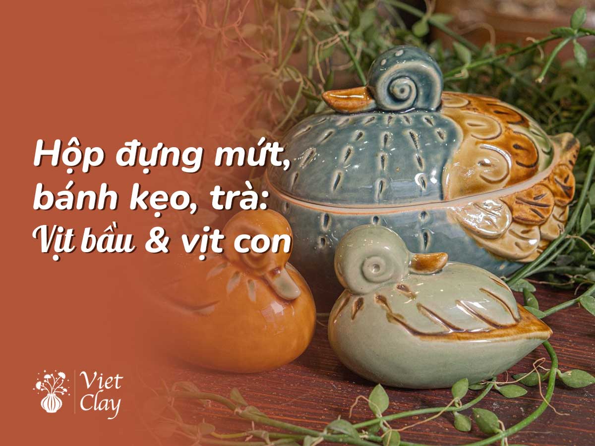 HỘP ĐỰNG MỨT BÁNH KẸO HÌNH CHÚ VỊT CON & MẸ (TƯỢNG GỐM SỨ)