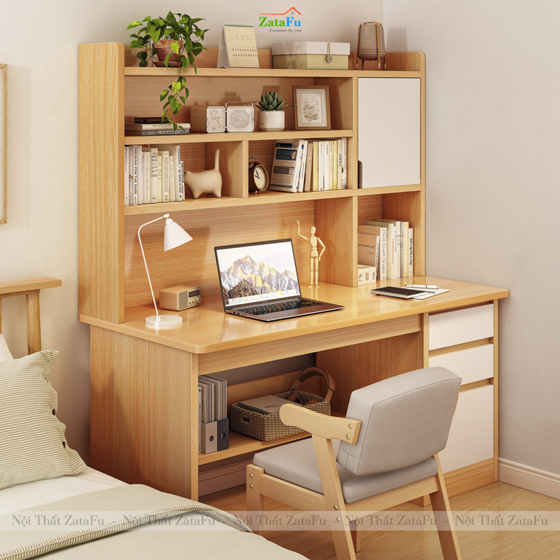 Bàn Học Bàn Làm Việc Gỗ Kèm Kệ Sách Thiết Kế Theo Phong Cách Bắc Âu BLV-131 ZataFu
