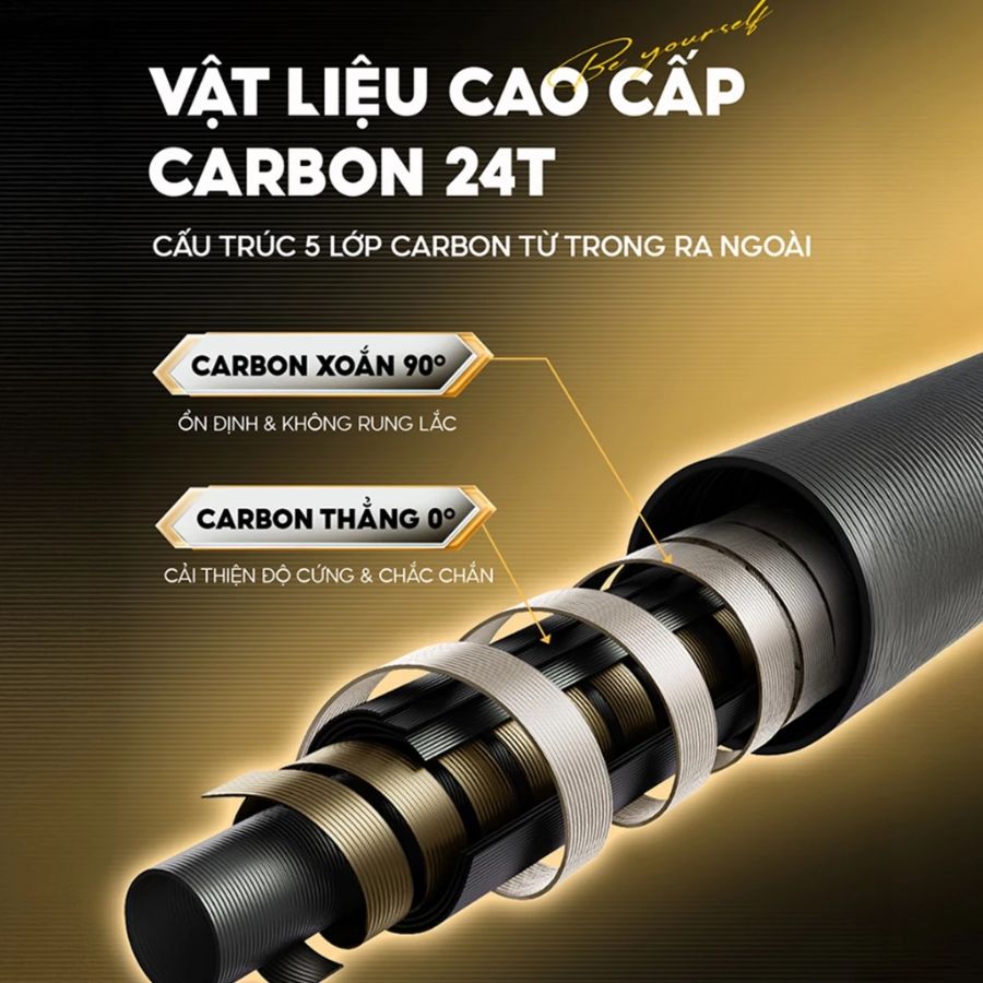 KK-66 là chất liệu carbon 24T với cấu trúc 5 lớp mang lại độ cứng vượt trội