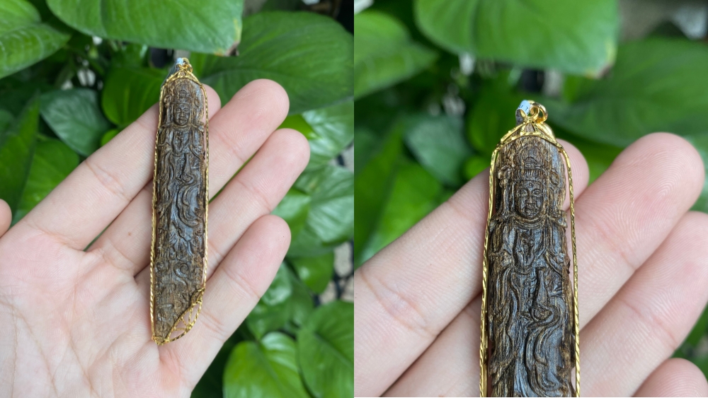 mặt trầm chìm khắc quan âm bọc vàng 18k