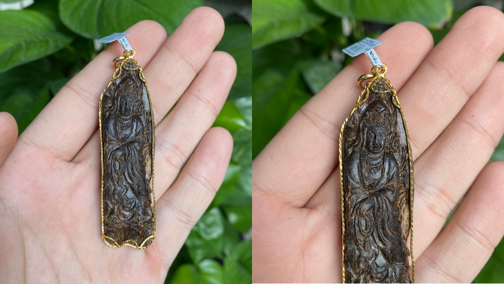 mặt trầm chìm khắc quan âm bọc vàng 18k