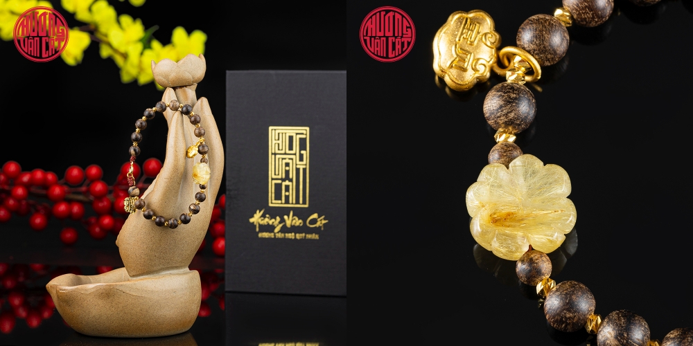 Vòng tay Trầm Hương cho nữ tròn cận chìm 6 li mix charm vàng