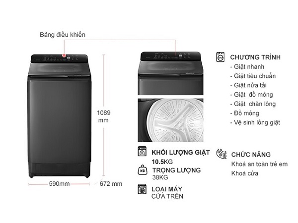 Máy giặt lồng đứng Hitachi Inverter 12 kg LTL 12MVJWT GG, model mới nhất giá tốt, Kích thước
