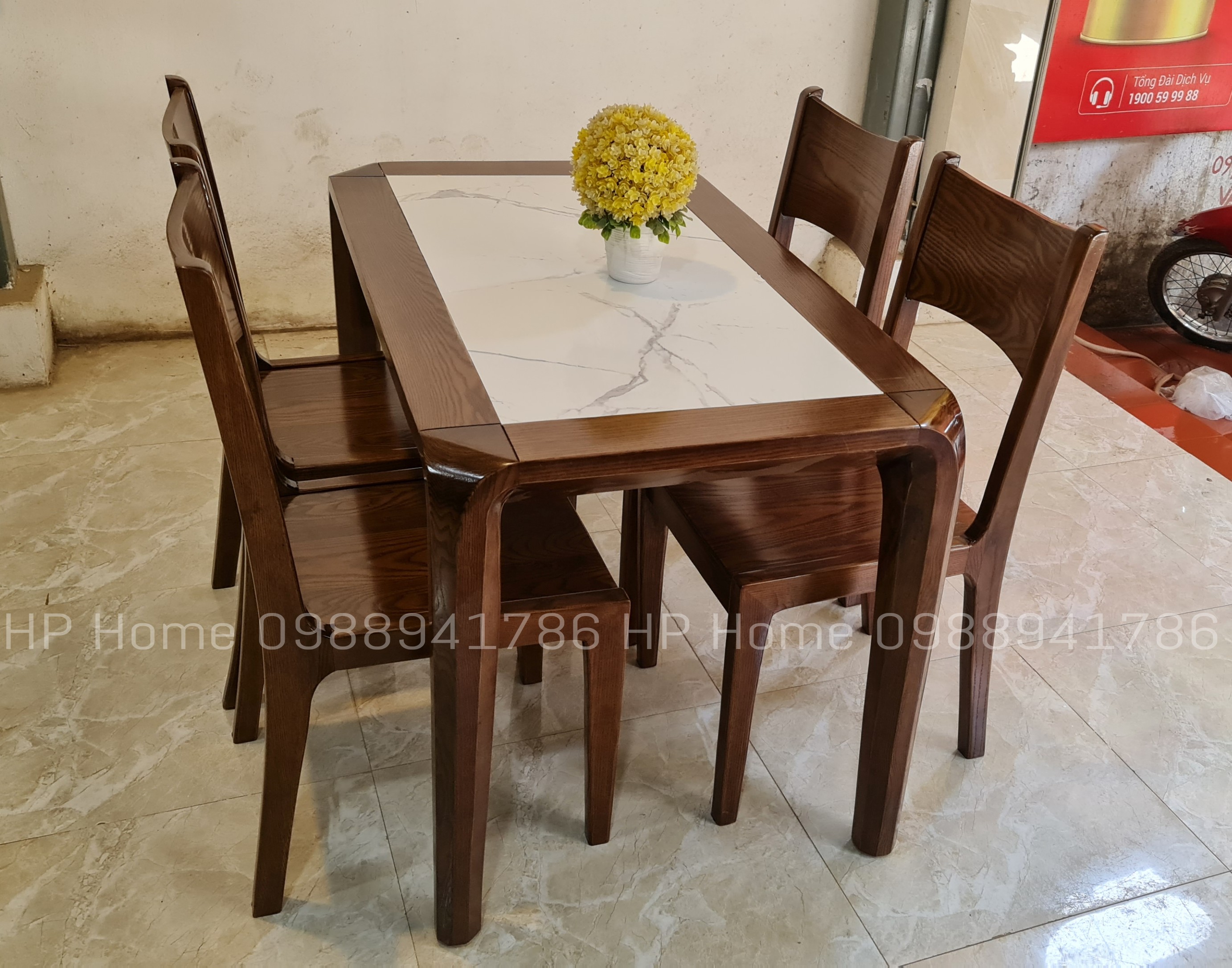 Bàn ăn chân huơu mặt đá trắng 4 ghế gỗ sồi