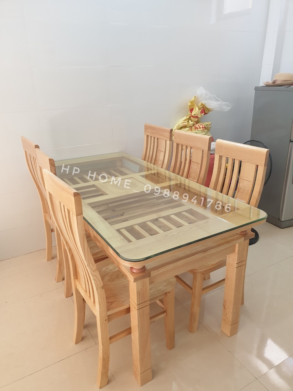 Bàn ăn 2 tầng kèm kính 6 ghế gỗ sồi