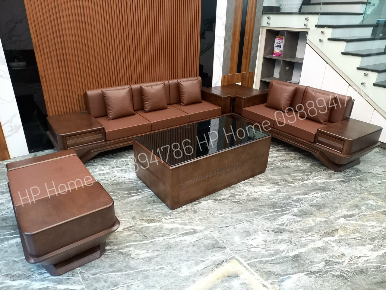 Sofa chân thuyền mẫu 2 văng kèm đệm da