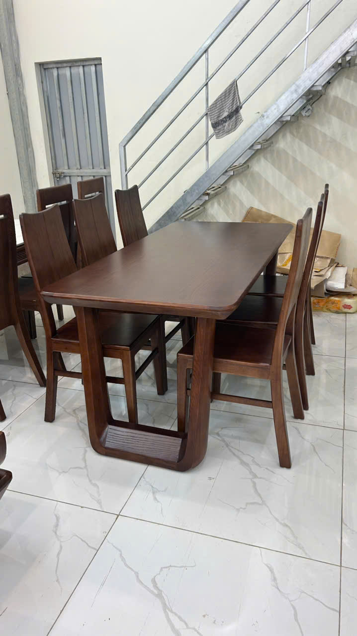 Bàn ăn 6 ghế bàn chân U ,  ghế ba tiêu ( kèm kính bàn )