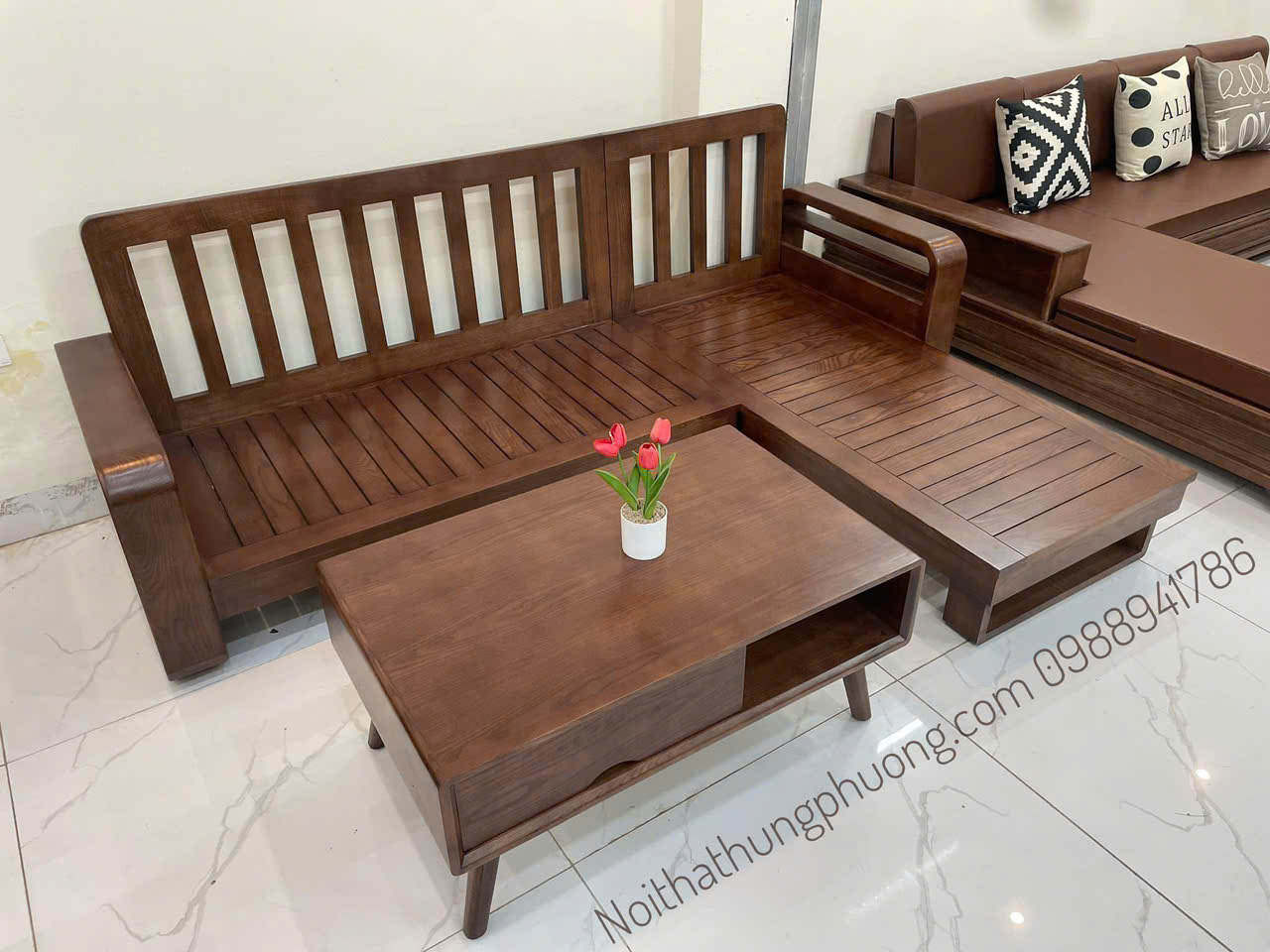 Sofa nan góc L kèm đệm da