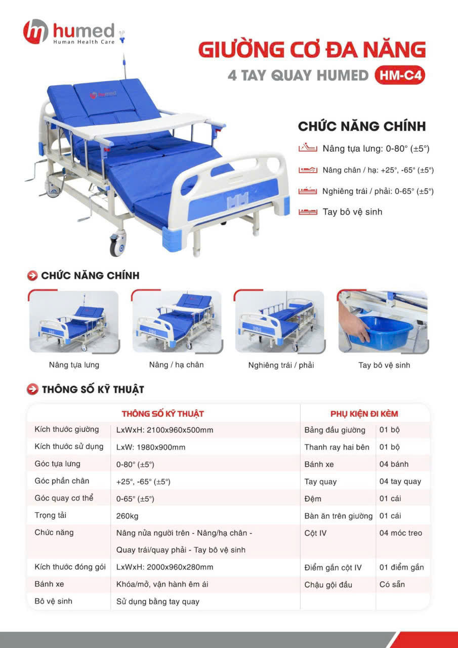 giường bệnh nhân 4 tay quay humed hm-c4
