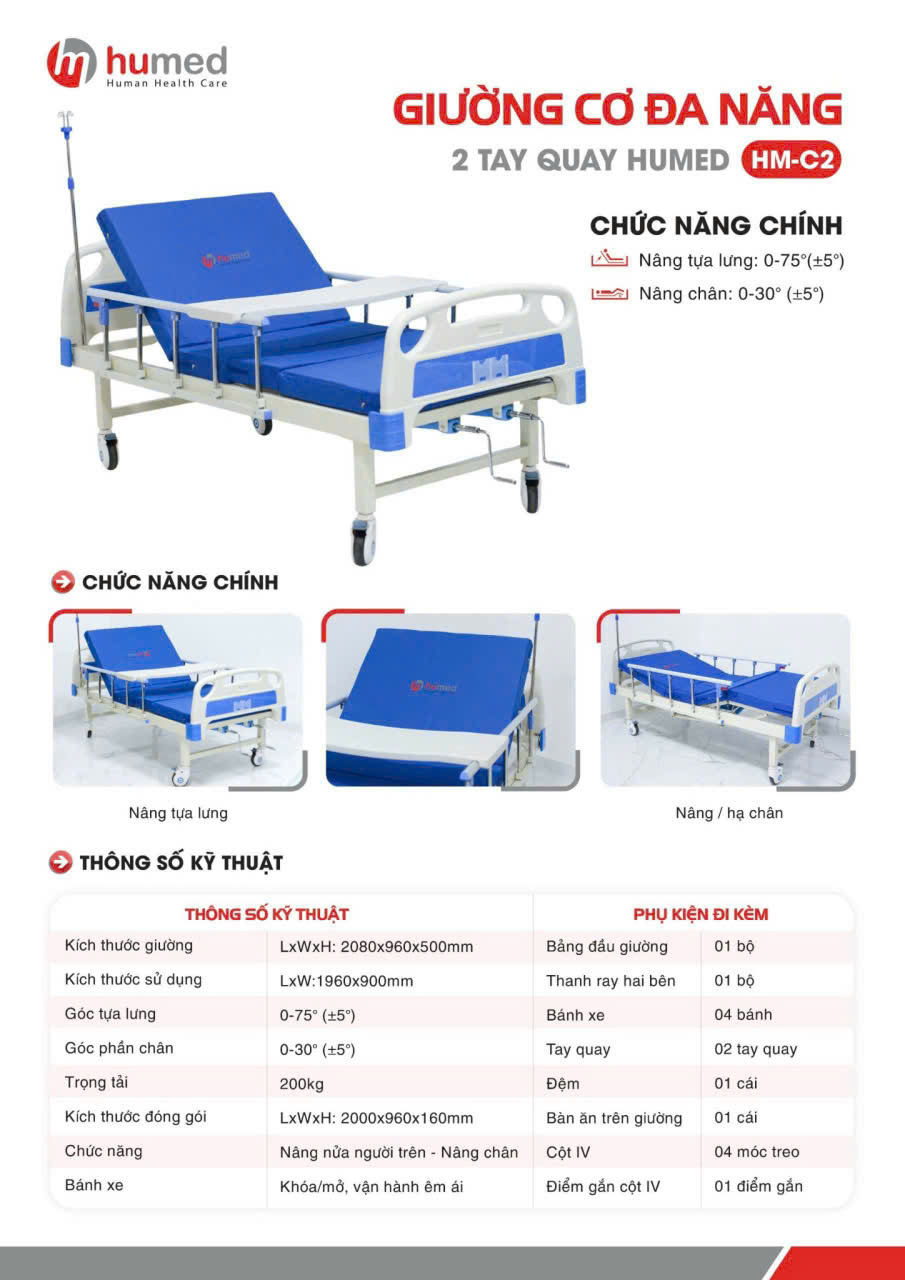giường bệnh nhân 2 tay quay humed hmc2