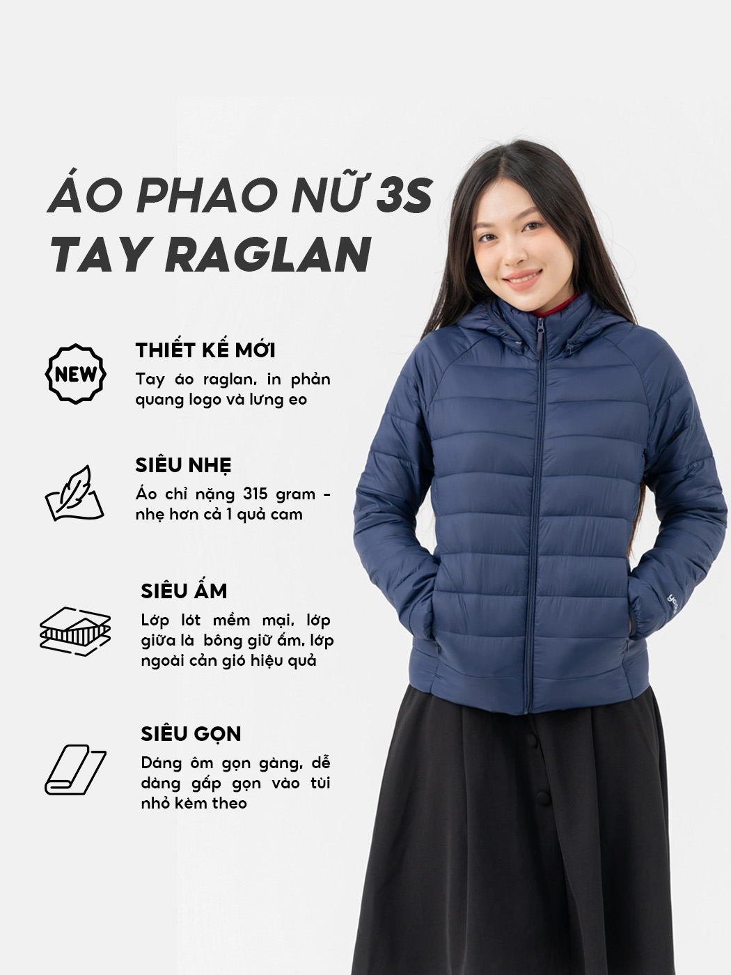 Áo Phao Nữ 3S Siêu Nhẹ Tay Raglan