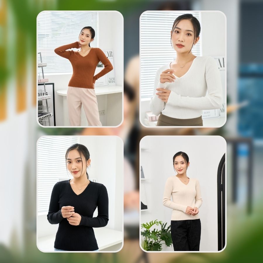 Áo Len Gân Nữ Tay Dài Cổ Tim