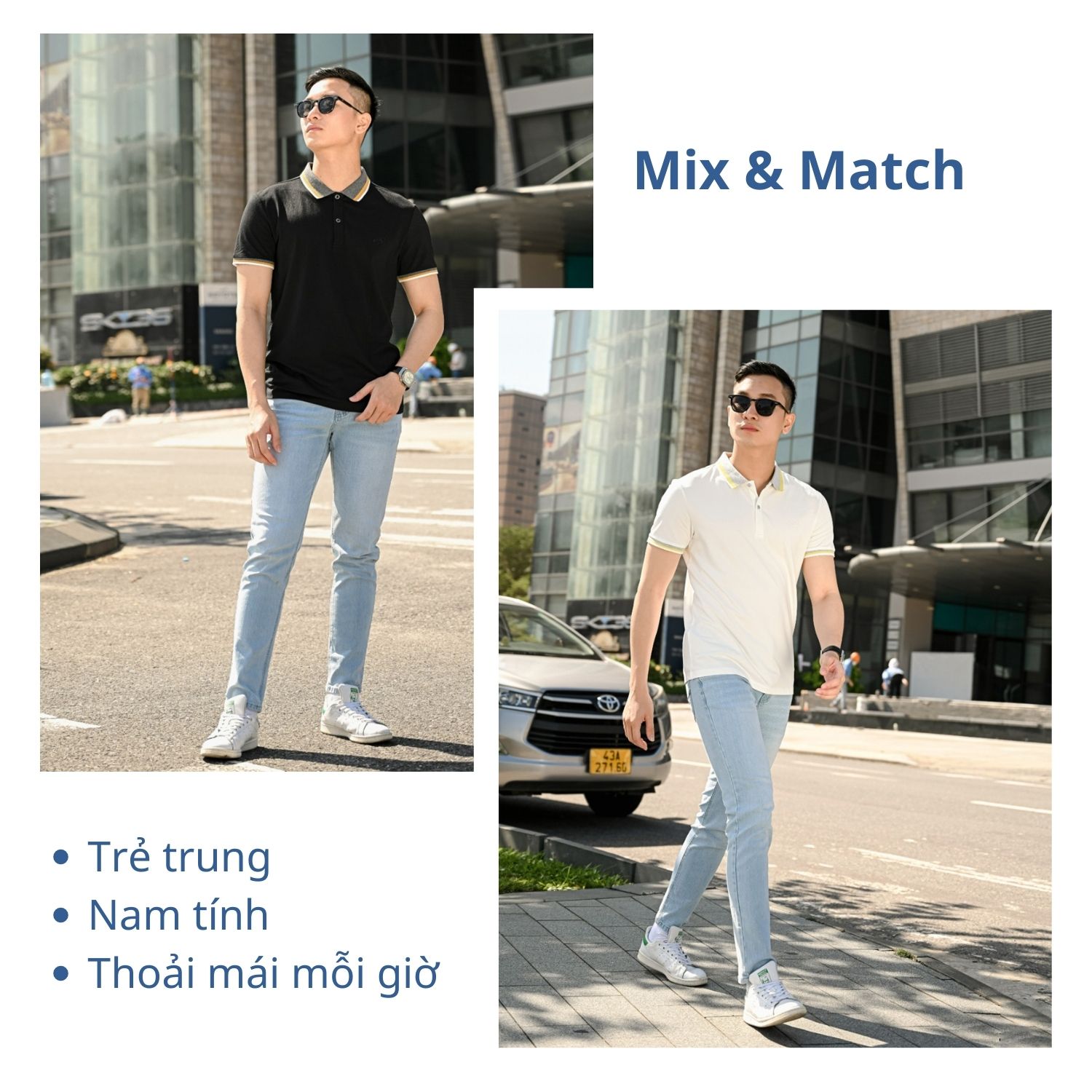 Áo Polo Nam Pique Mắt Chim Phối Kẻ