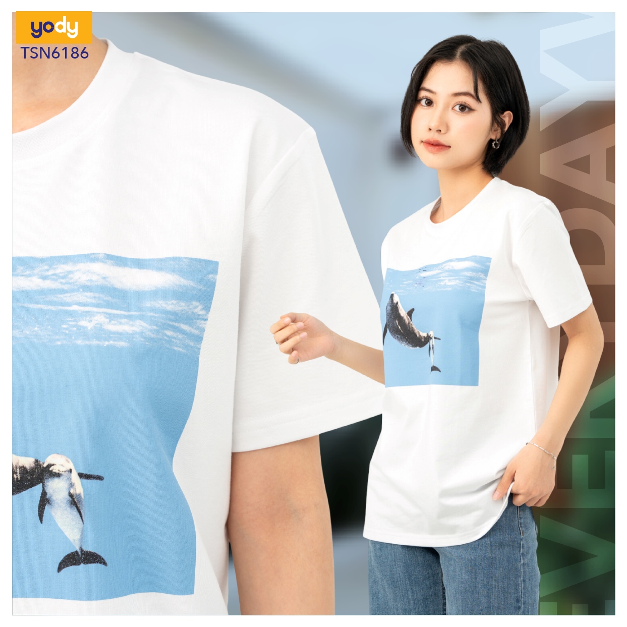 Áo Thun Nữ Dáng Rộng In Cá Heo Bột Ngô