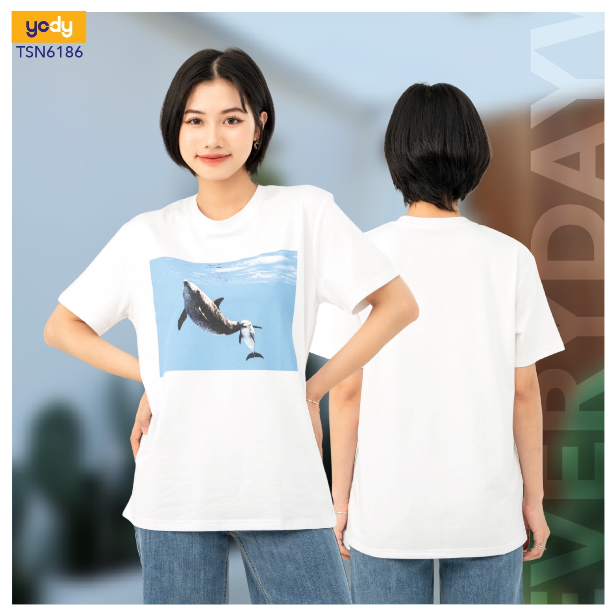 Áo Thun Nữ Dáng Rộng In Cá Heo Bột Ngô