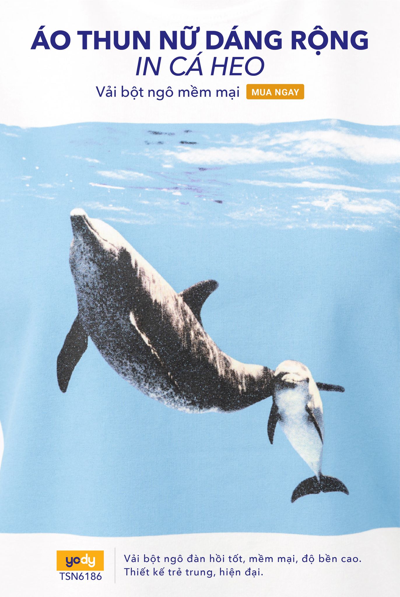 Áo Thun Nữ Dáng Rộng In Cá Heo Bột Ngô