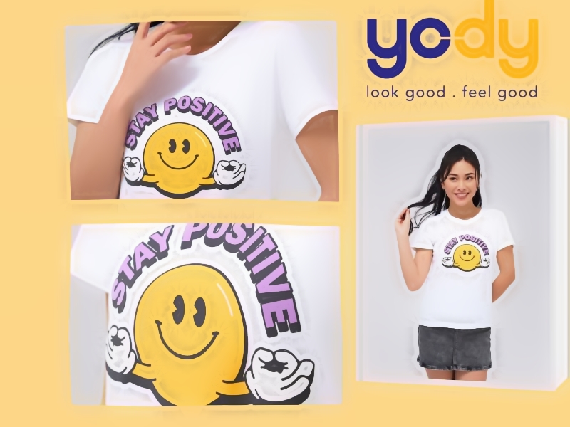 Áo thun nữ Cotton họa tiết mặt cười, chữ STAY POSITIVE