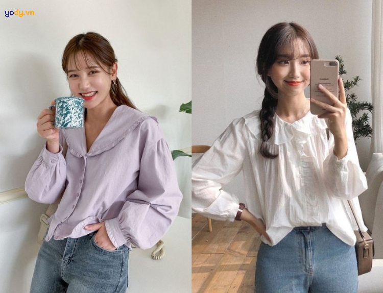 Mix quần jean với áo sơ mi cổ sen xinh đẹp