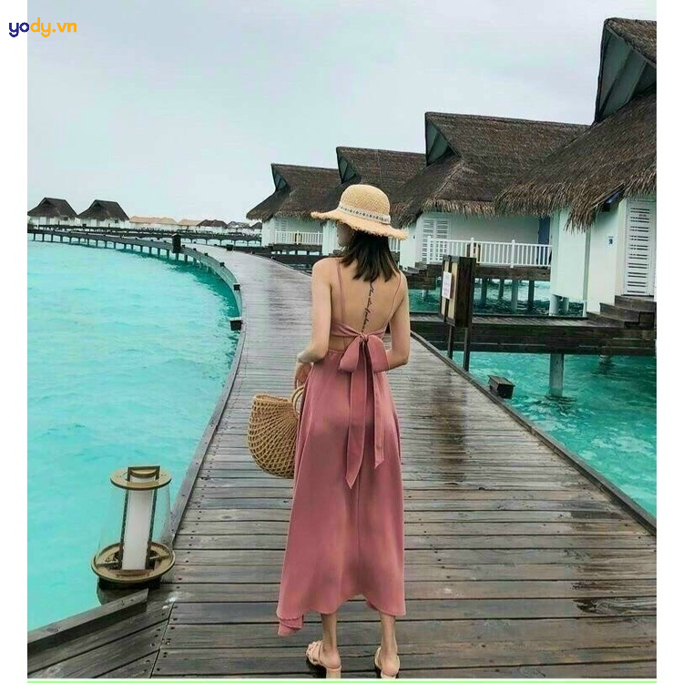 Váy mặc đi biển cột nơ chất liệu maxi